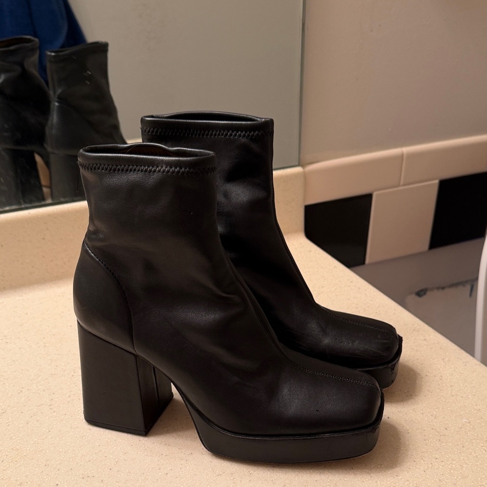 Zara Black Platform Block Heel Ankle Boots